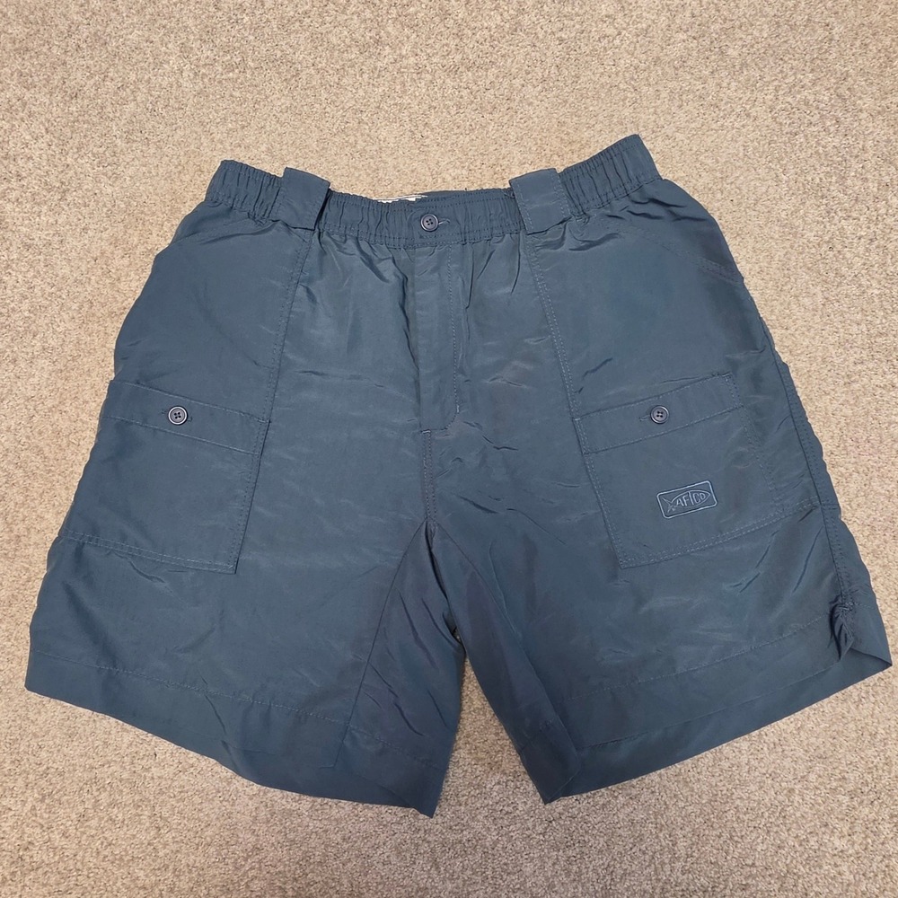 AFTCO Fishing Shorts Mens 36 Blue Nylon Elastic Waist Cargo Outdoors USA Made